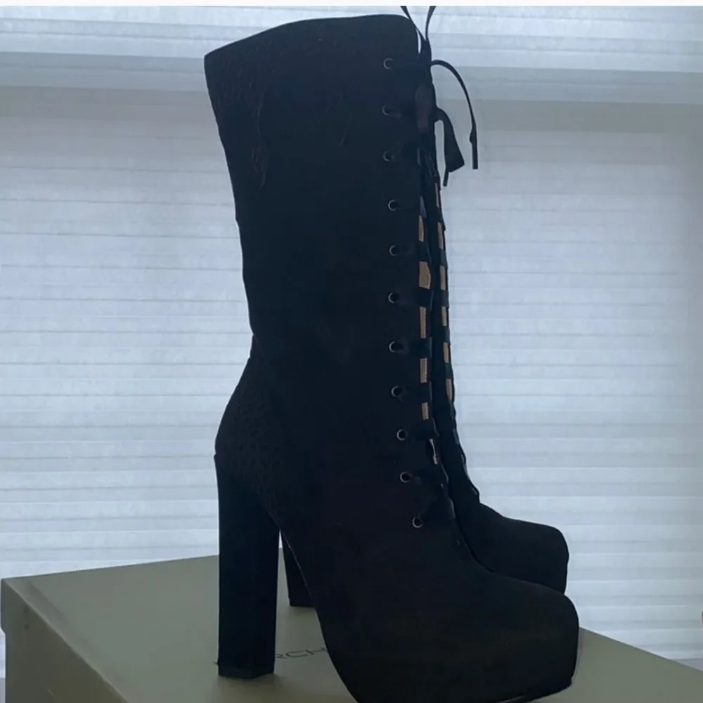 New Marchez Vous Roux Boot Black Suede Sz 7